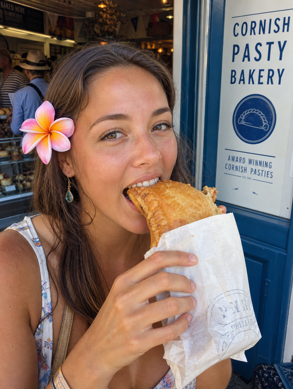 A young woman enjoying a Cornish pasty outside Aunt Jenna’s World Bakery